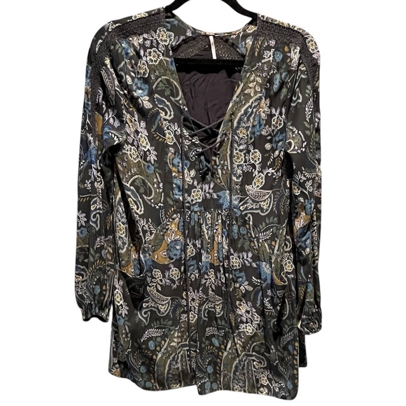 Free People Rain or Shine Gray Paisley Lace Up Tunic Dress Small - Picture 3 of 9